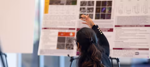 A researcher gestures to a poster during a RISE pitch session.