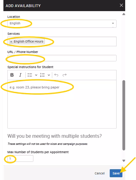 An EAB Navigate screenshot of the Add Availability screen, as described in the text above this image.