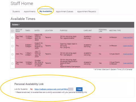 An EAB Navigate screenshot of the My Availability tab, showing the Personal Availability Link, as described in the text above this image.