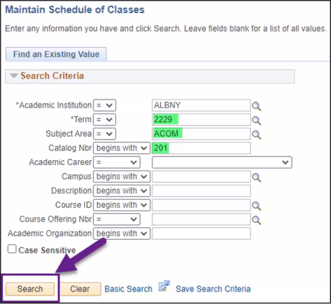 A PeopleSoft screenshot showing the action described in Step 2 above.