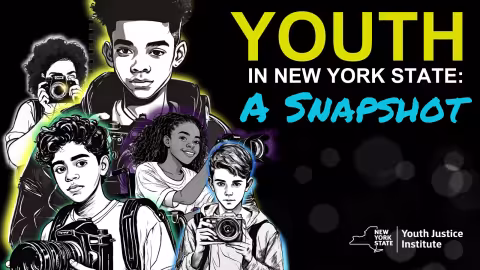 An infographic of Youth in New York State: A Snapshot Cover, with the YJI logo and an illustration of youth holding cameras.