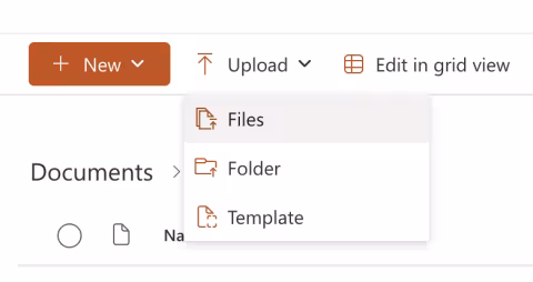 A screenshot of a SharePoint for Web Documents tool bar, with the Upload menu open and the Files option selected, as described in the text immediately above this image.