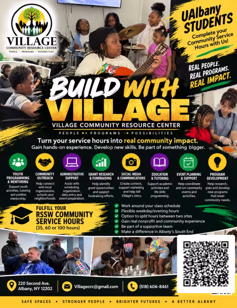 Flyer for the Village Community Resource Center volunteer opportunities. All text details are provided in the description on this page.