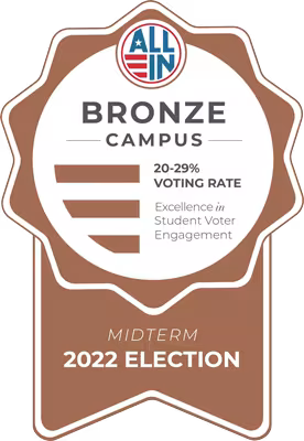 All In Bronze Campus 20-29% Voting Rate, Excellence in Student Voter Engagement Midterm 2022 Election Seal.