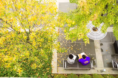 2 students studying on the UAlbany academic podium
