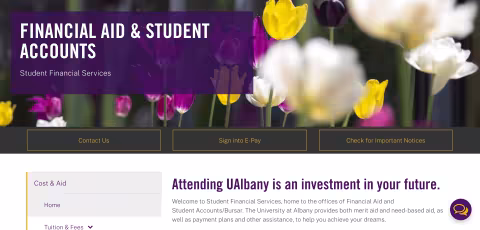 A screenshot of the Financial Aid and Student Accounts website's homepage, with call to action buttons for Contact Us, Sign into E-Pay and Check for Important Notices
