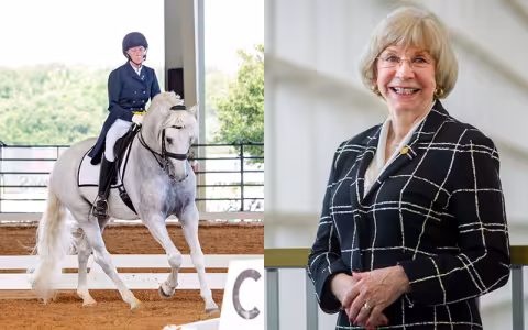 Kathleen Dennis on a horse and Edelgard Wulfert poses for a photo