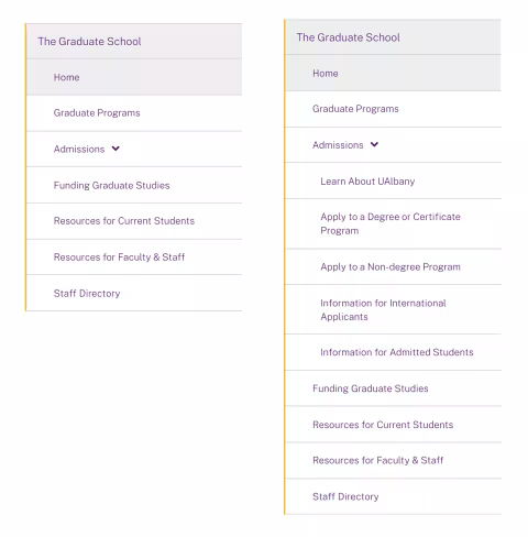 Two screenshots of the Graduate School's site menu, showing it's seven main items and what it looks like when the Admissions item is expanded to reveal five child pages