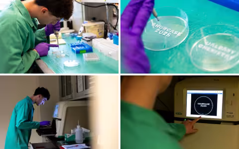 Composite image containing 4 photographs, each depicting a step in a demonstration of Emmett’s fluorescent nanoparticle technology. The first shows him using a pipette to dispense a clear liquid into clear plastic petri dishes. The second is a close-up of the 2 petri dishes which contain paper letters spelling out “UAlbany Chemistry” and “Showcase 2026”. The third is a picture of Emmett placing a petri dish inside an imaging device. The 4th shows “Showcase 2026” glowing on the digital readout panel on the f
