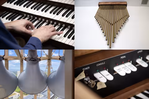 collage of four photos including hands on a keyboard, bells, a console and speakers
