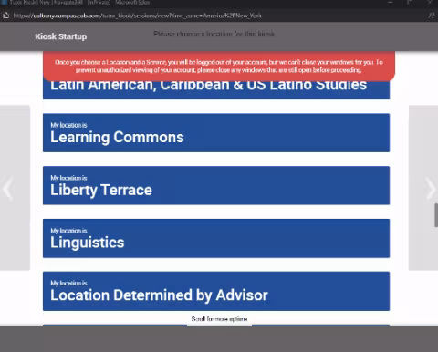 A screenshot of the second EAB Navigate page that an administrative user would see when starting up a kiosk. Available kiosks locations are listed.