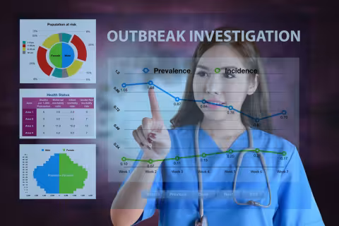 A person studying a series of epidemiological data analysis graphs.