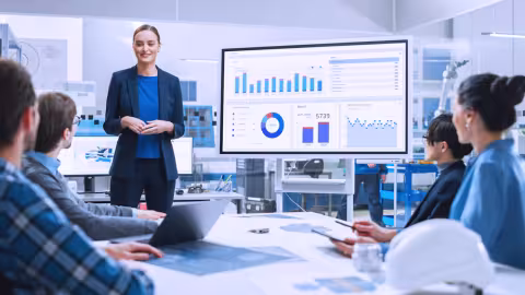 A professional giving a business presentation in a business meeting.