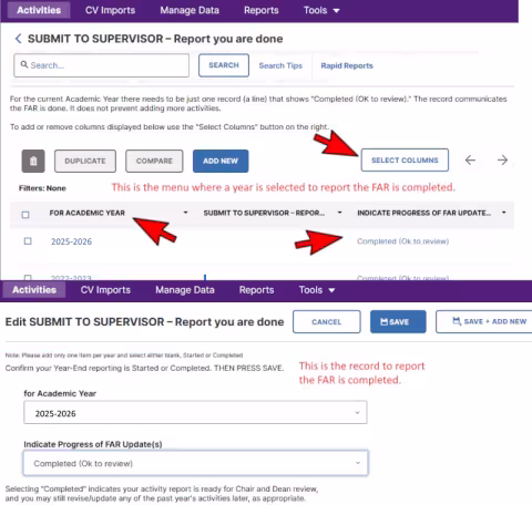 Report FAR is done for each reporting year - select Completed.