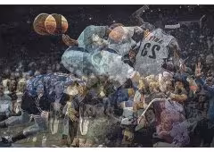 A tapestroy that depicts a photo-realistic image of a basketball player, double exposed.