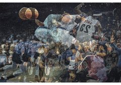 A tapestroy that depicts a photo-realistic image of a basketball player, double exposed.