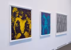 A white wall with three art pieces hanging on it.