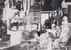 A piece from the "From the Archive" exhibition. A black and white collage depicting people and various shapes and forms.