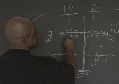 Person in front of a black board with white chalk