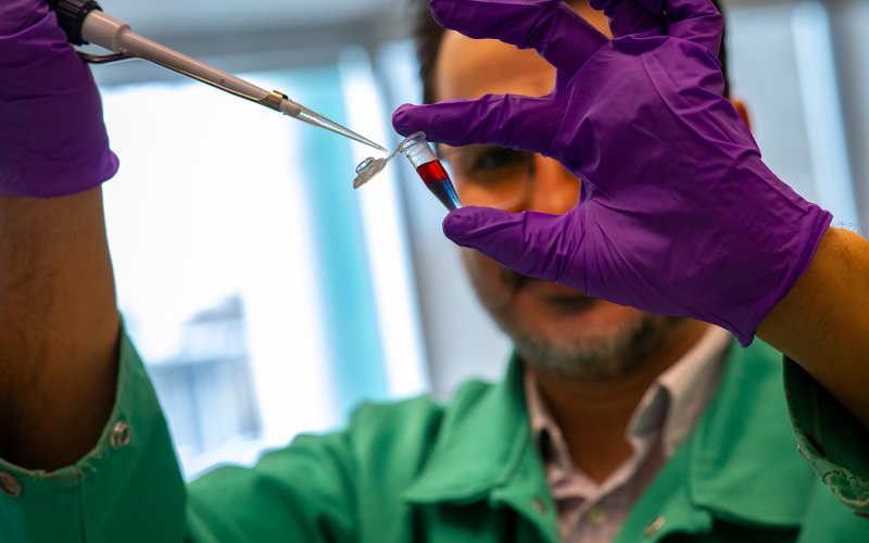 A man wearing a green lab coat and purple gloves holds a vial of solution. The top of the solution is red and the bottom is purple. 