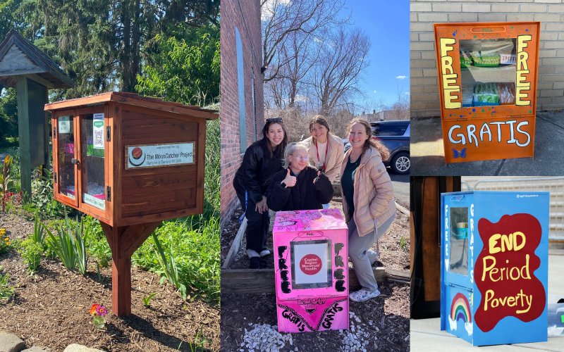  This composite image contains four photographs of different period pantries. One is wooden and bears a sign that says “The Mooncatcher Project”; one is orange and is painted with the words “Free” and “Gratis”; one is blue and says “End Period Poverty”. The center image features four young women, all smiling, posing with a bright pink period pantry with the words “Free” and “Gratis”. 