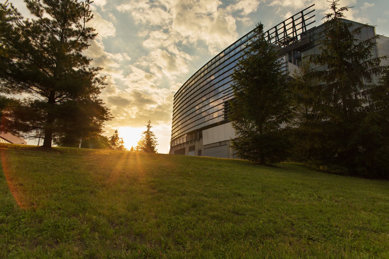 The sun sets over UAlbany's Health Sciences campus on a summer day.