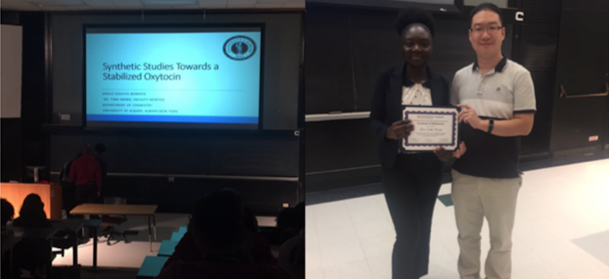 Two images are displayed side-by-side; the first shows a projection screen with information regarding an award, while the second shows a student and instructor displaying an award certificate.