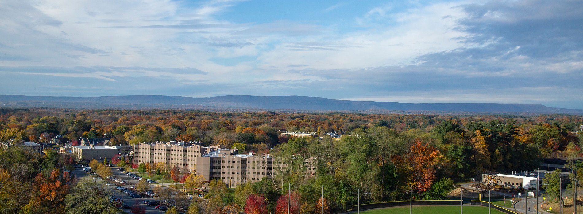 Aerial image of campus in the fall