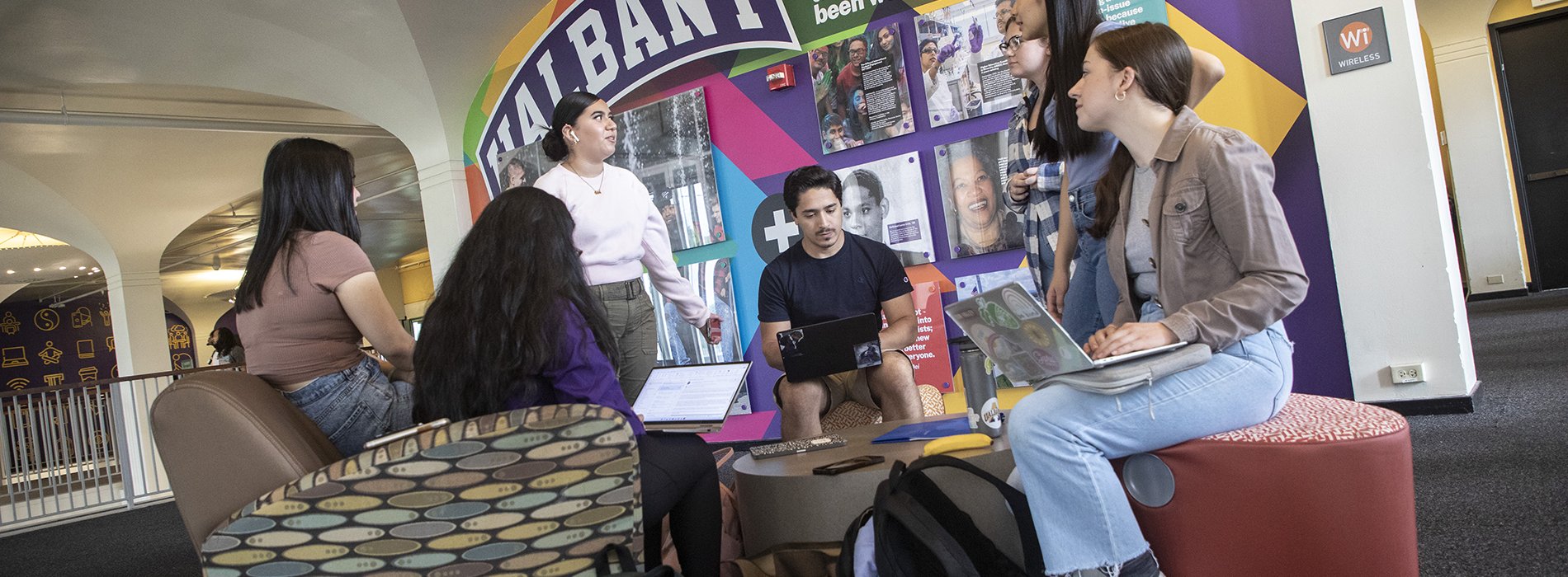 UAlbany students working together in campus center