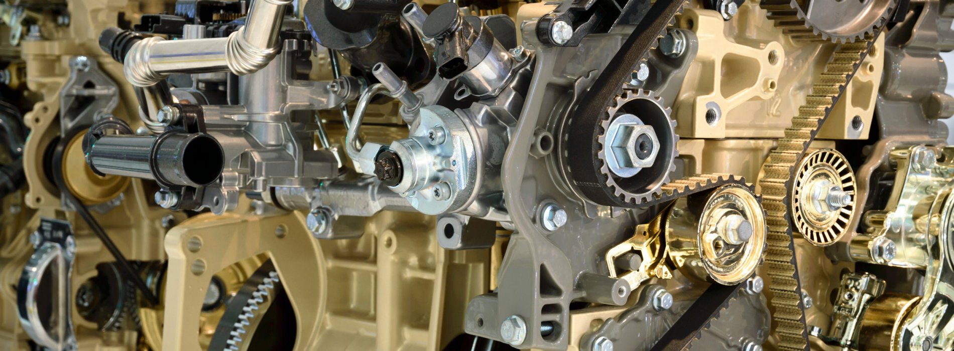 A close-up view of a complex engine mechanism.