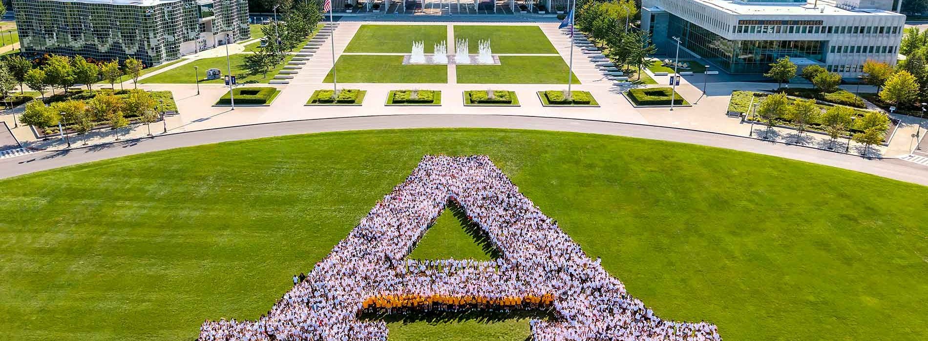 Class of 2027 forming an A in Collins Circle. 