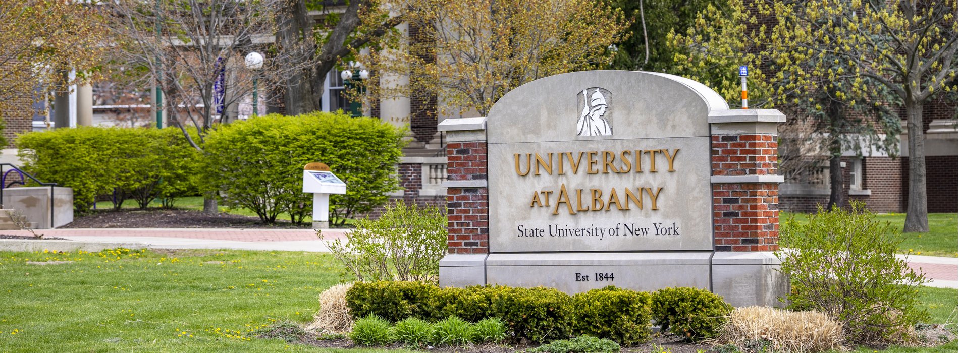 A University at Albany sign on the Downtown Campus.