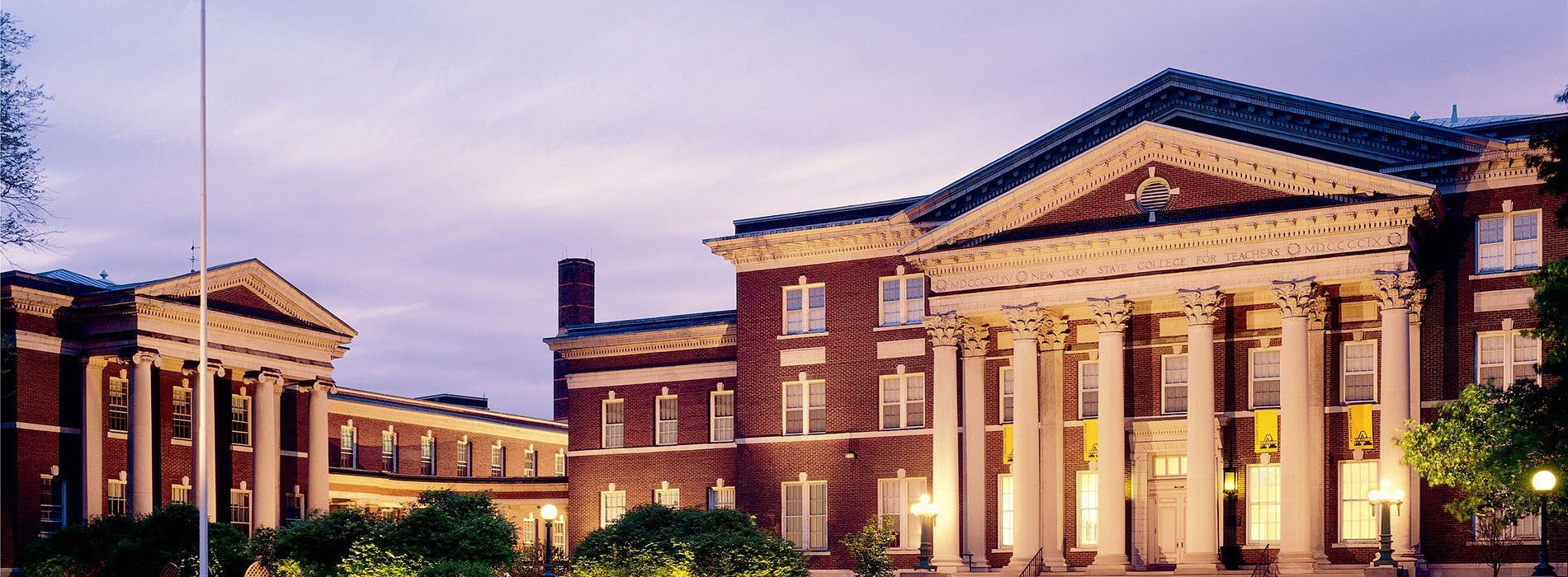 Draper Hall on the Downtown Campus at twilight.