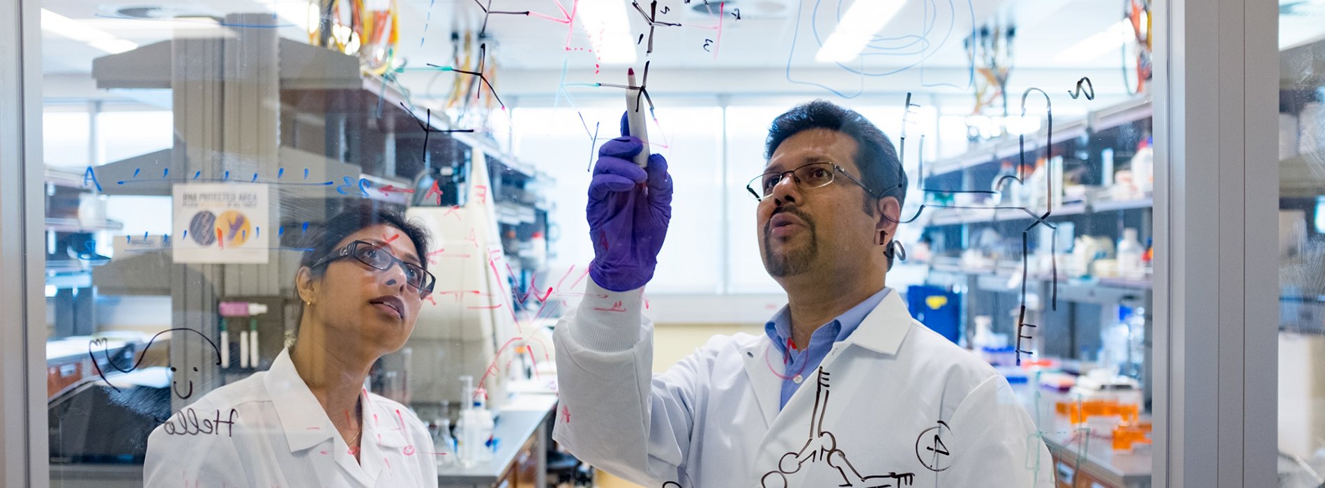 Bijan Dey and student in lab writing on glass