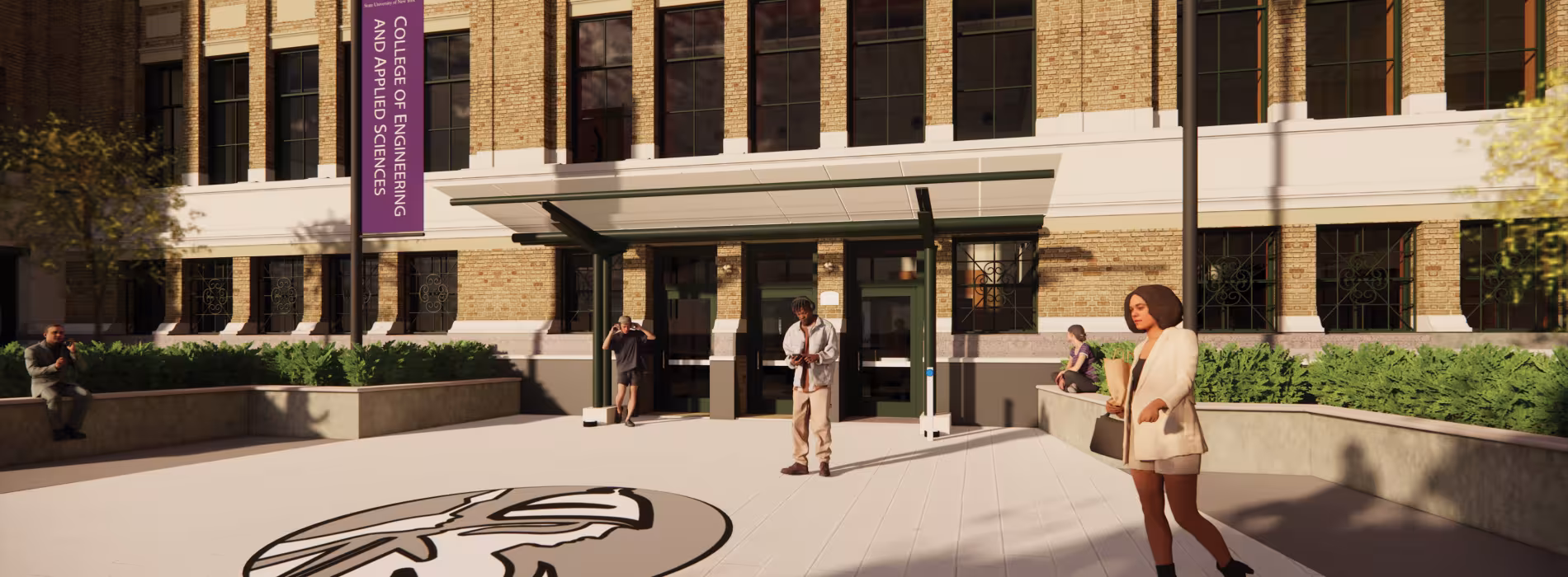 Rendering of the College of Engineering and Applied Sciences entry building at UAlbany.