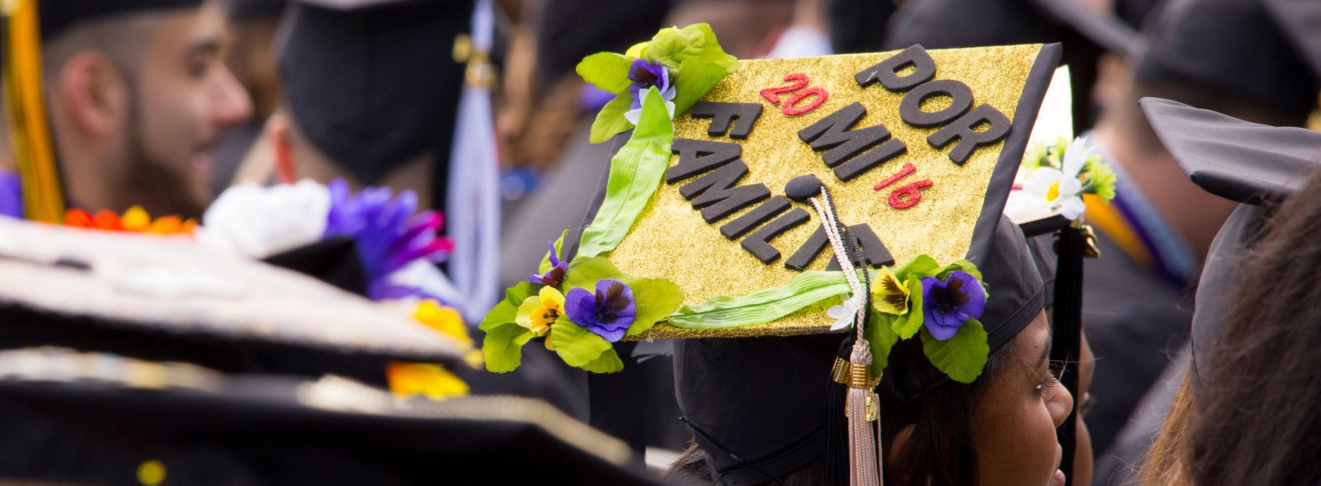 A student's graduation cap decorated with the words "Por Mi Familia" and "2016" against a gold background with purple and yellow flowers.
