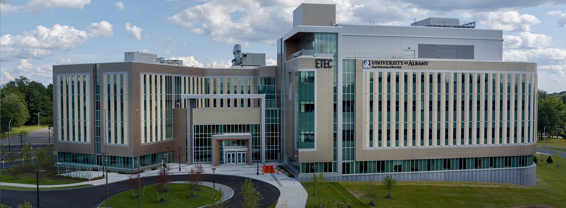 Exterior of UAlbany ETEC building. The side of the building reads, "ETEC" and "University at Albany".
