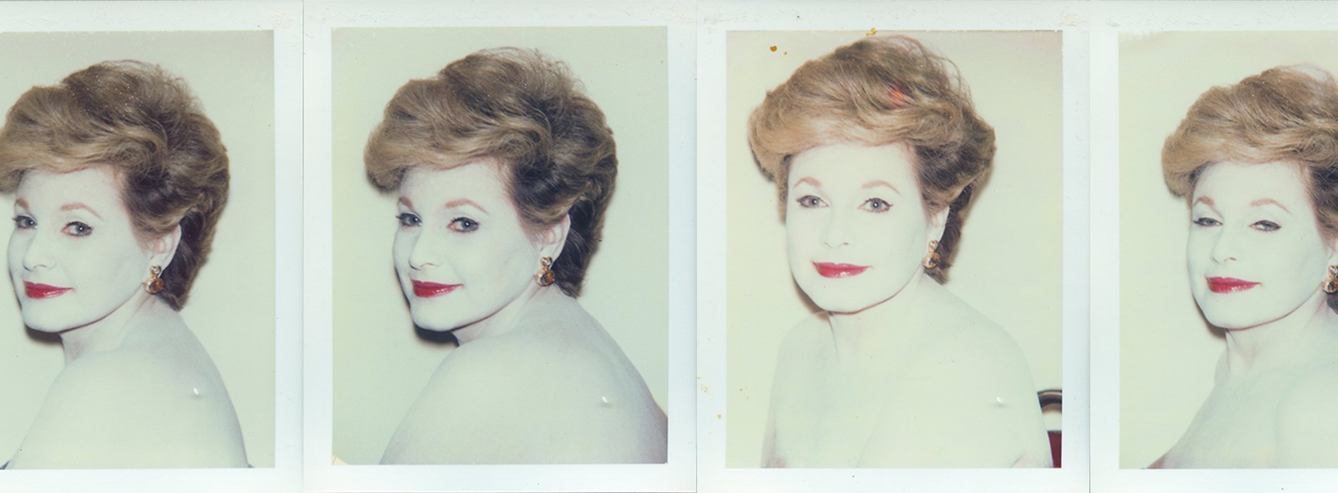 Polaroids of middle-aged woman with short hair and red lipstick