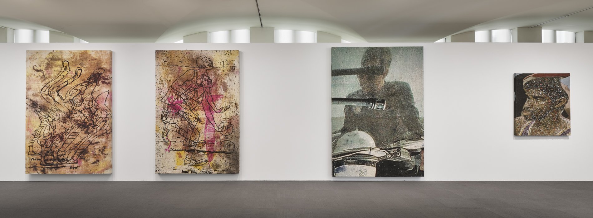 Four paintings made from stretched jacquard weavings