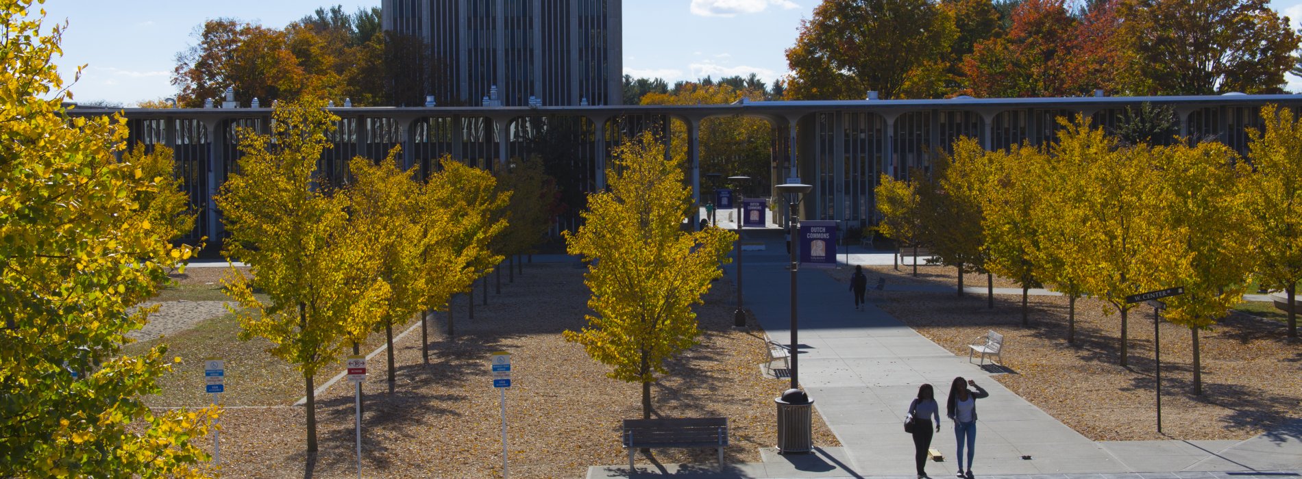 Students walking on UAlbany campus during Fall foliage
