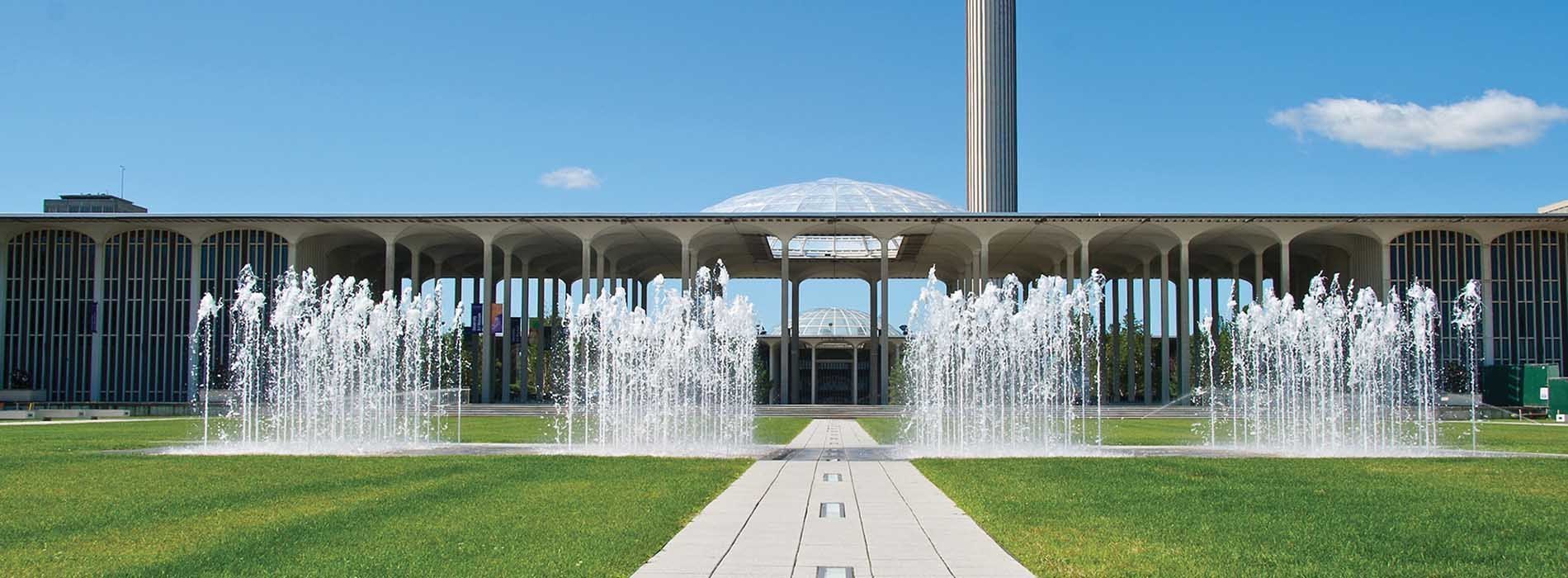 Campus entrance and fountain.