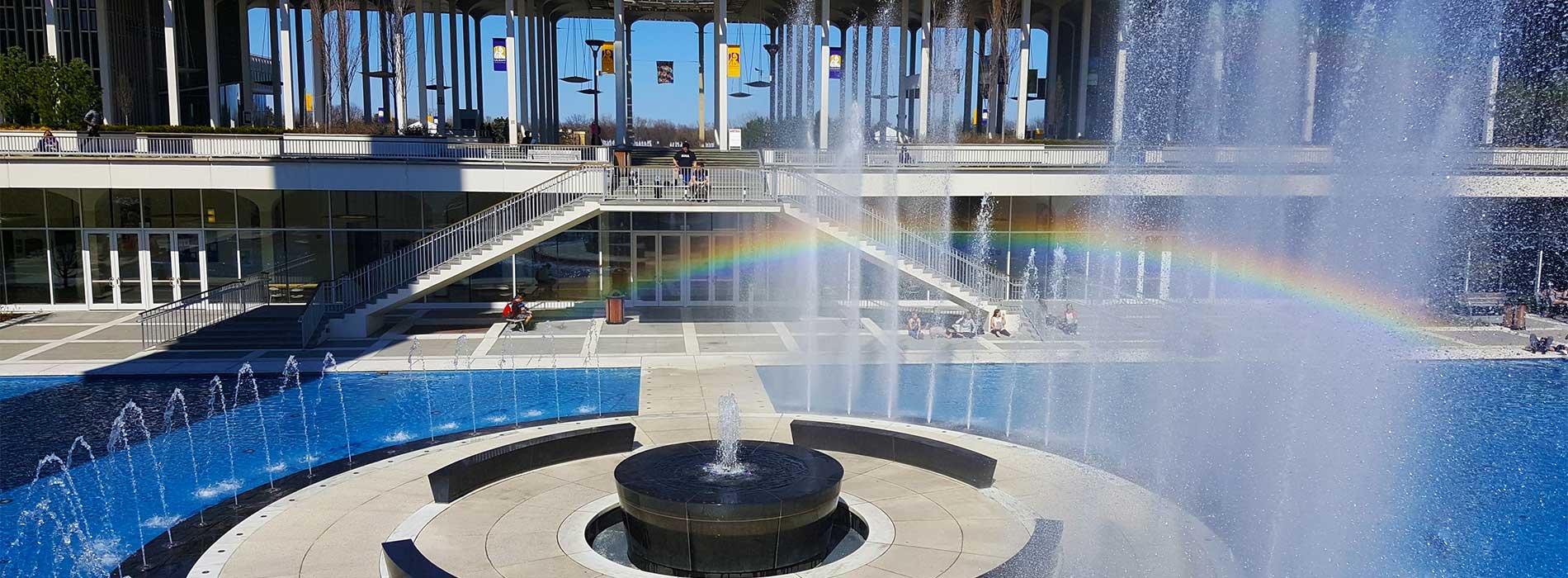 A rainbow over the main university fountain.