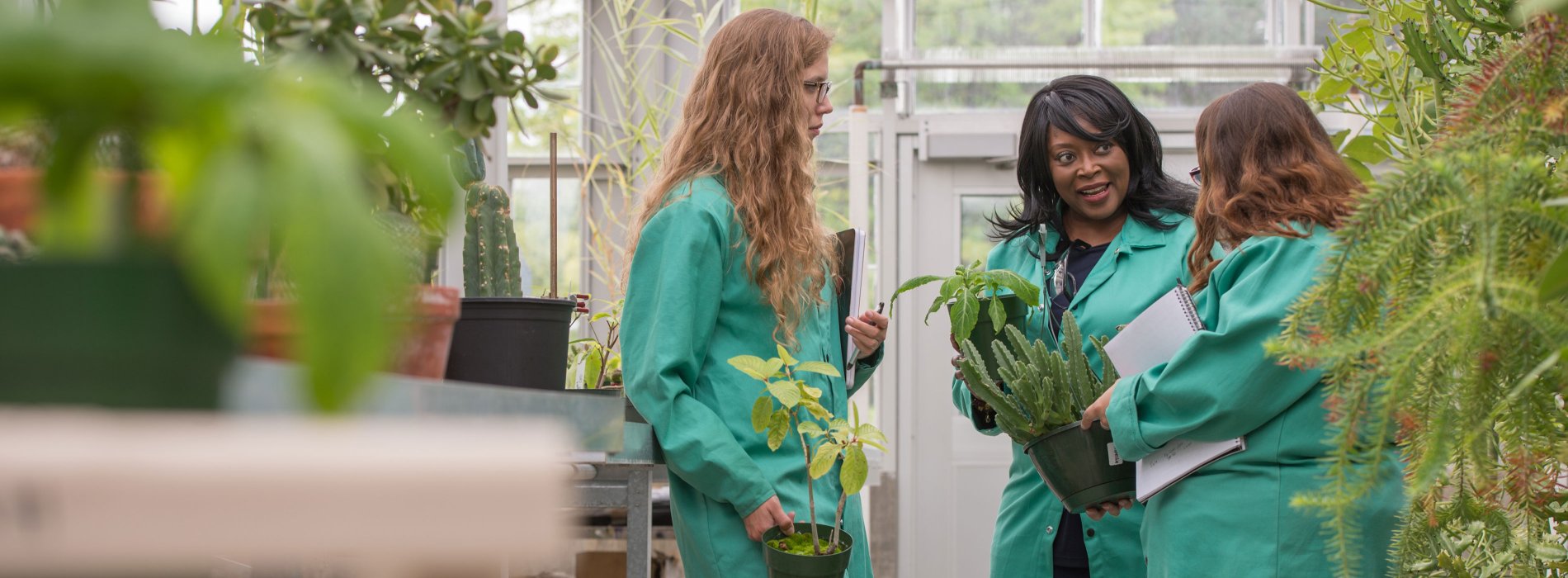 Three women in green lab coats holding plants and notebooks talk inside a greenhouse.
