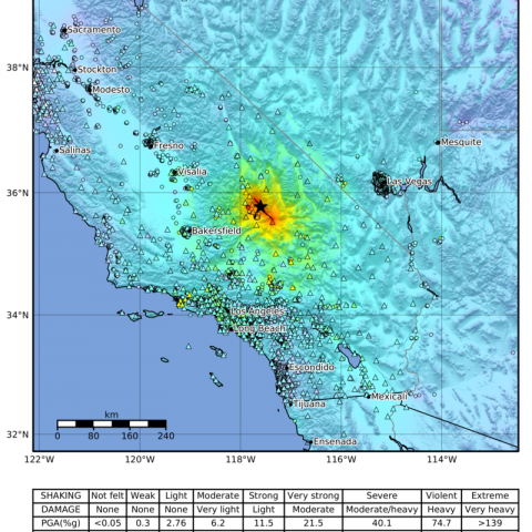 Earthquake heat map of Ridgecrest, California