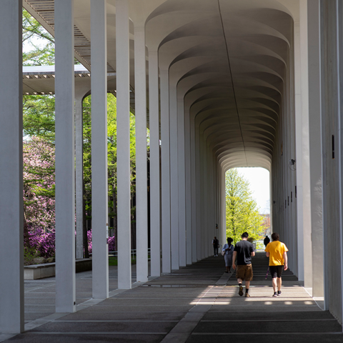 A group of students walk under the overhanging canopy of Campus Center. It's a sunny day and the trees nearby are green and blooming with pink flowers.