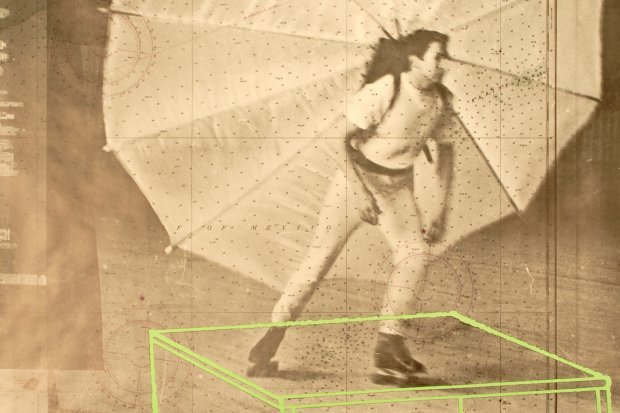 Sepia toned print of a figure with a umbrella and rollerskates