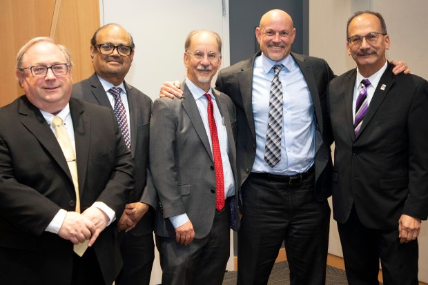 Adam Gamoran, President of the William T. Grant Foundation; NYS Department of Health Commissioner James McDonald; UAlbany President Havidán Rodríguez; VP for Research and Economic Development Thenkurussi (Kesh) Kesavadas; and ISHE Director Paul Morgan.