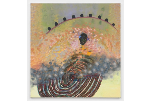 orange, brown and grey figurative painting