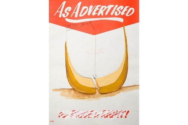 "As Advertised" in white script on red background. Drawing of a yellow sculpture with a slice in the middle.
