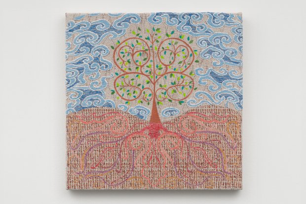 Painting of a tree on a weaving